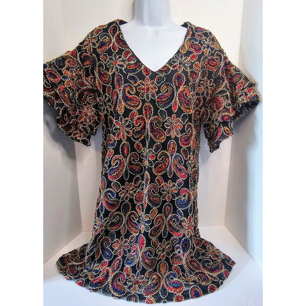 Karlie Paisley Embroidered Dress V Neck Ruffle Sleeve Black Red Blue SZ‎ S BOHO